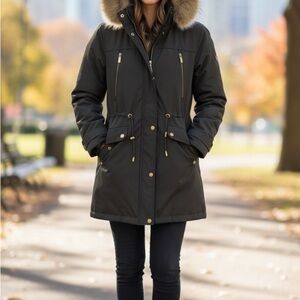 Michael Kors Women Olive Green Parka Faux Fur Hood Adjustable Size XL